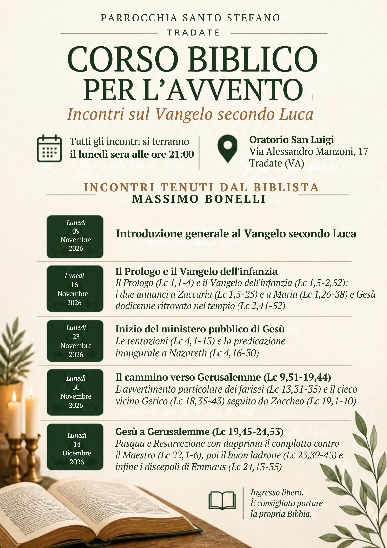 Corso Biblico per L'Avvento. Incontri sul Vangelo di Luca - Oratorio San Luigi - Tradate - Dal 9 Novembre al 14 Dicembre 2026 Image